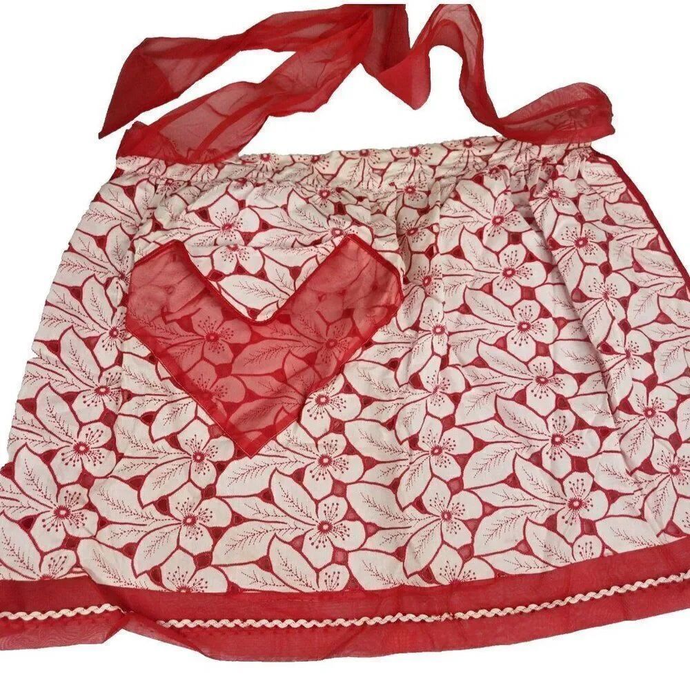 Vintage 40s 50s Half Apron Red White Chiffon Pinup Trad Wife Housewife